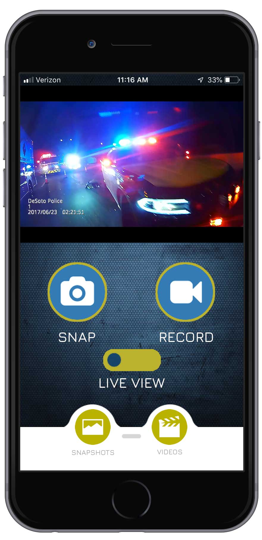 Camera controller on custom developed law enforcement body cam control application for mobile phones.