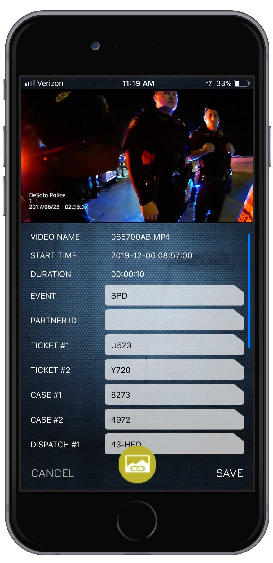 View data editor on custom developed law enforcement body cam control application for mobile phones.