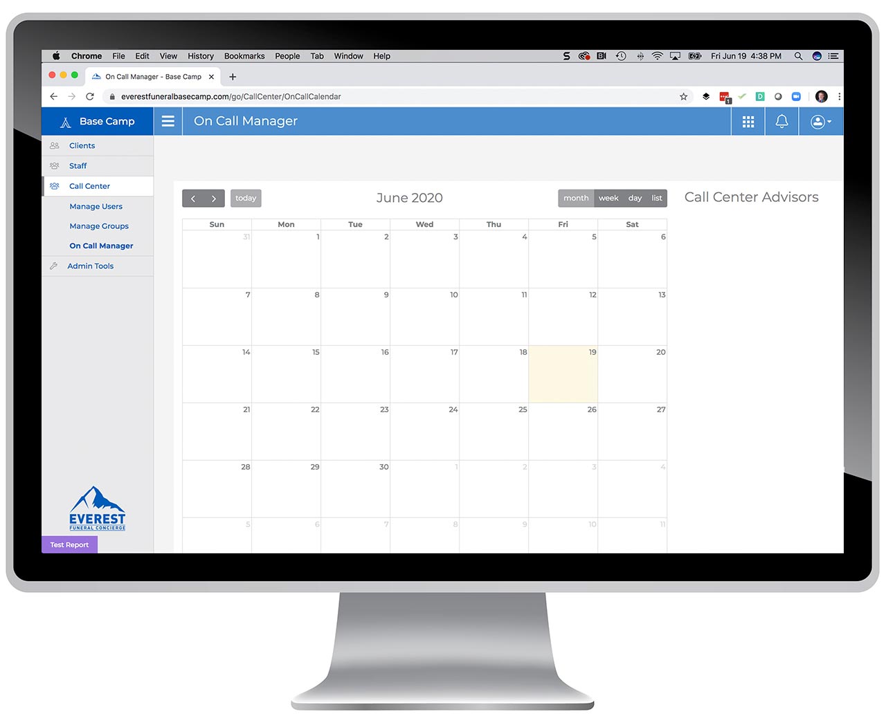 Screenshot of calendar of custom call center knowledgebase software.