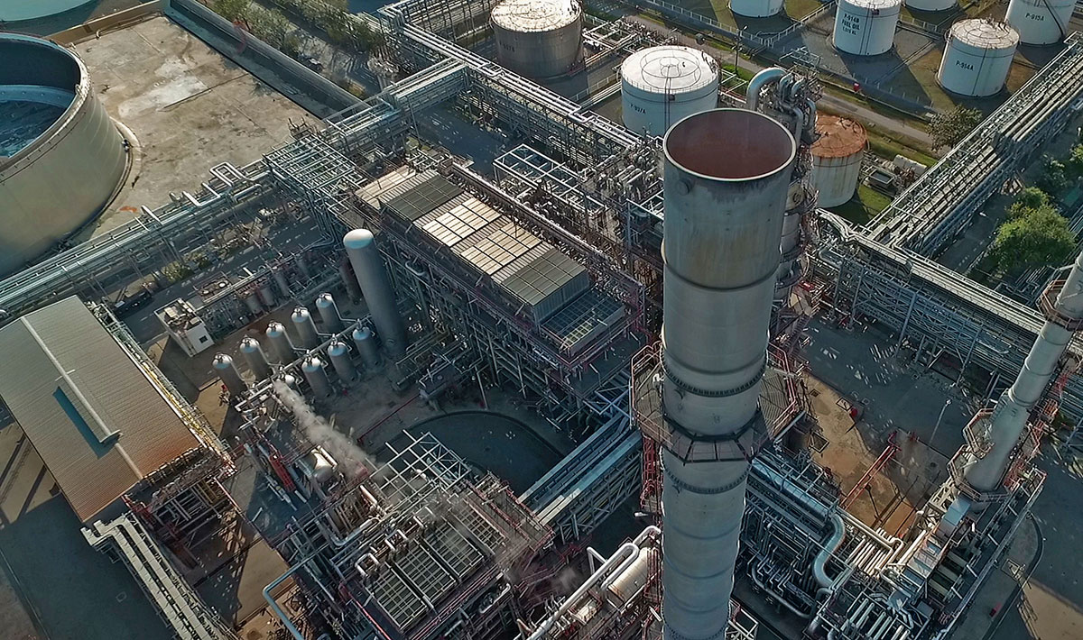 Overhead view of petroleum refinery.